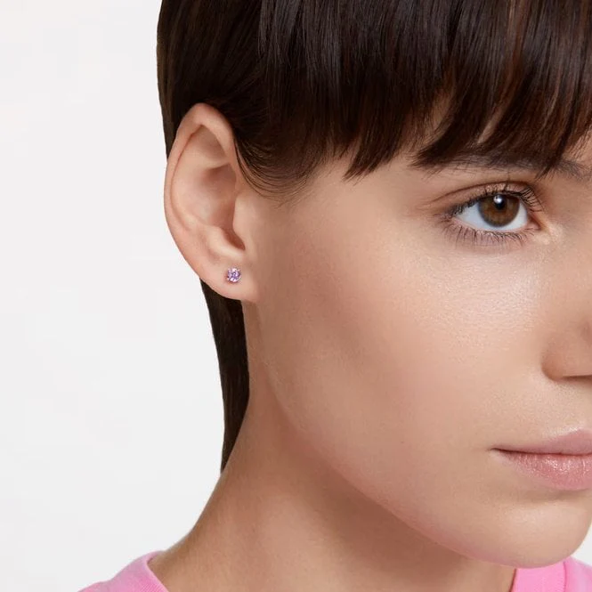 Chroma Stud Earrings with Round-Cut Purple Crystal in Rhodium Silver - Image 2