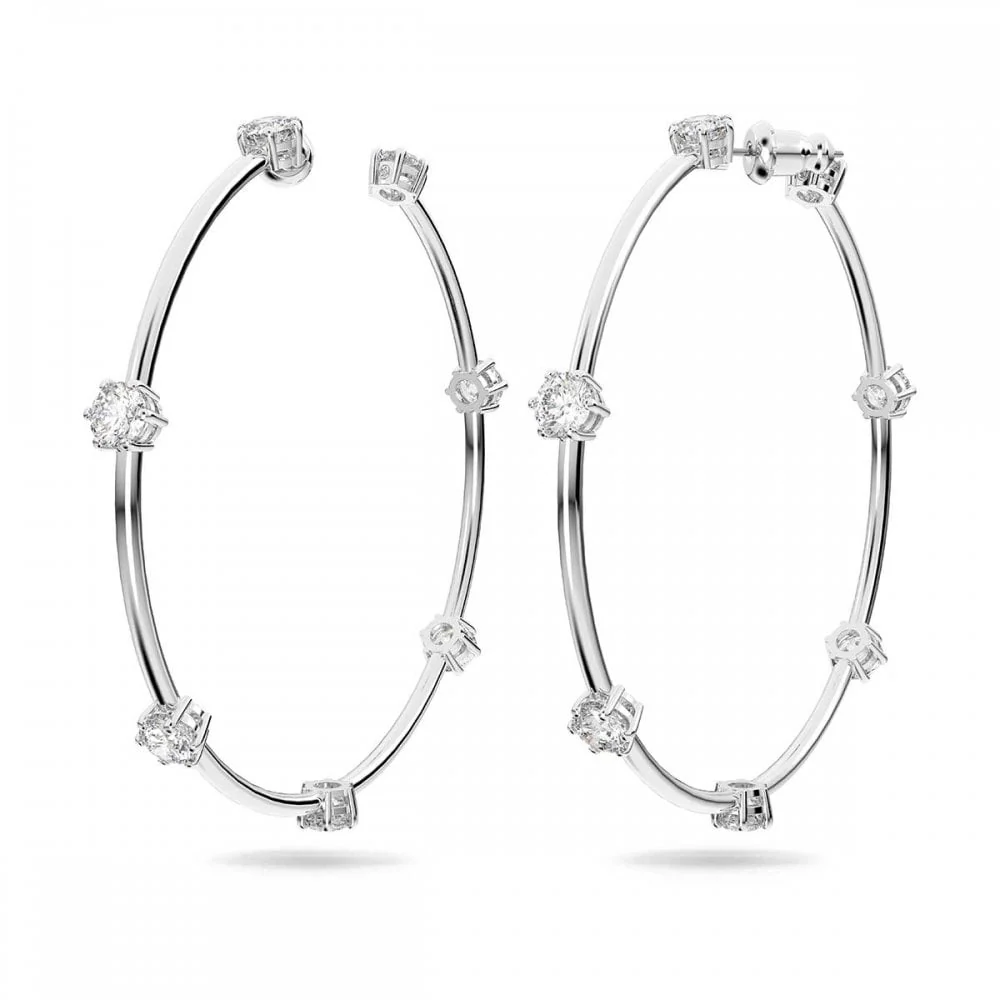 Constella Hoop Earrings with Round-Cut White Crystal in Rhodium Silver - Image 3