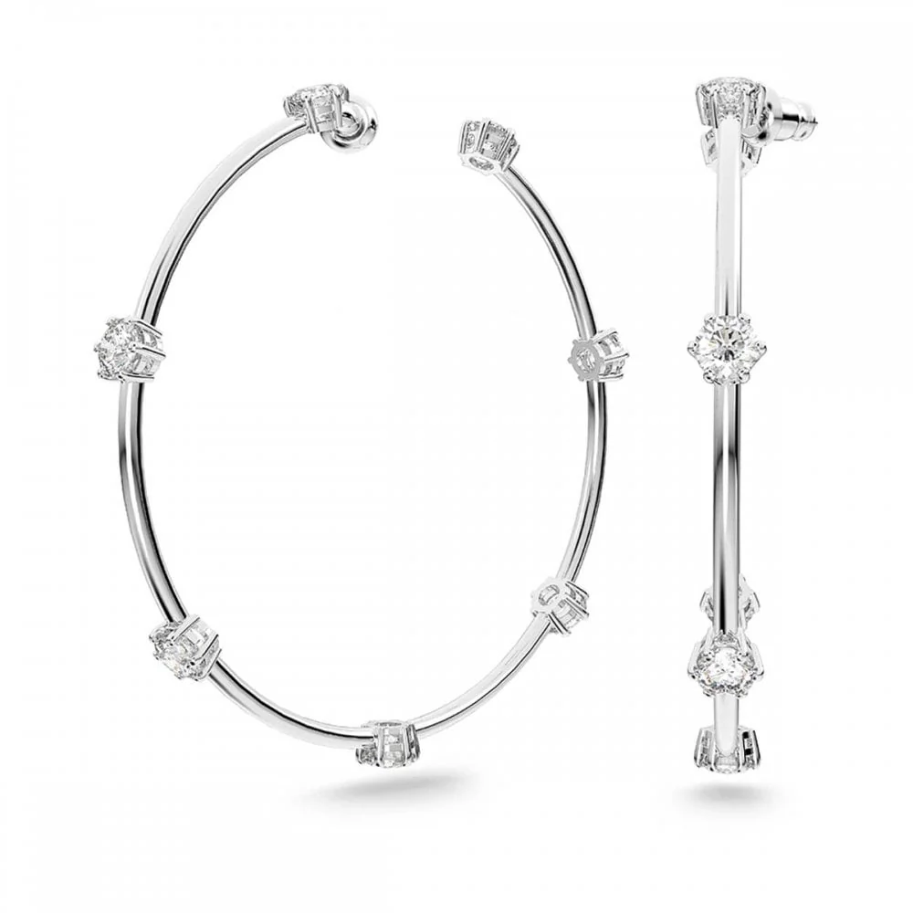 Constella Hoop Earrings with Round-Cut White Crystal in Rhodium Silver - Image 4