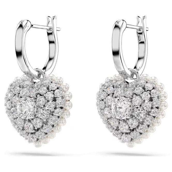 Hyperbola Heart Drop Earrings with White Crystal Pearl in Rhodium Silver - Image 2