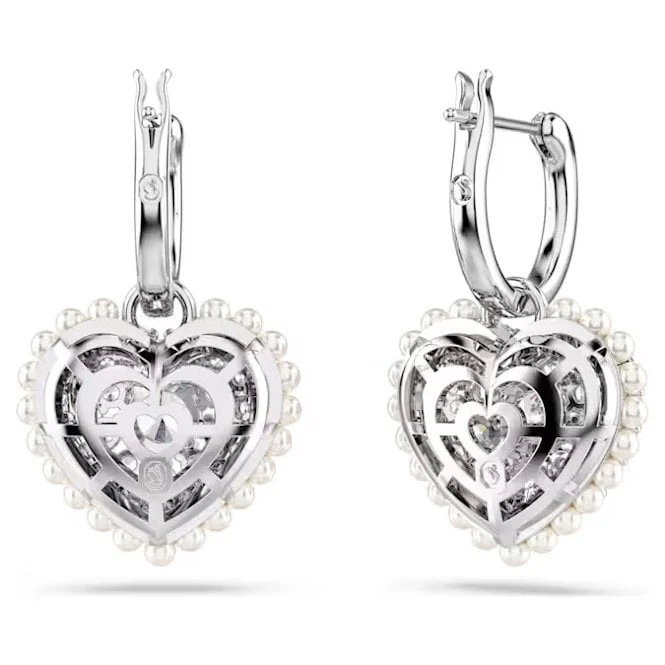 Hyperbola Heart Drop Earrings with White Crystal Pearl in Rhodium Silver - Image 3