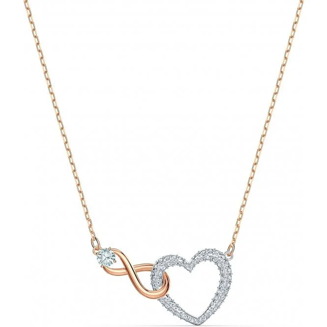 Hyperbola Infinity Heart Necklace with White Crystal in Rose Gold and Rhodium Silver