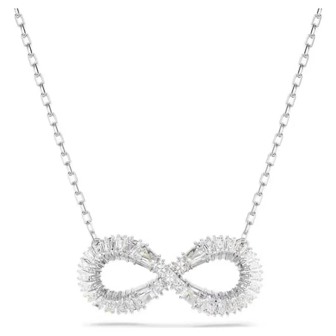 Hyperbola Infinity Pendant Necklace with White Crystal in Rhodium Silver