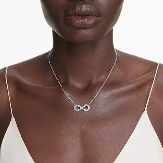 Hyperbola Infinity Pendant Necklace with White Crystal in Rhodium Silver - Image 4