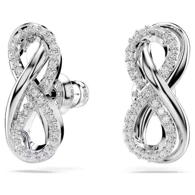 Hyperbola Infinity Stud Earrings with White Crystal in Rhodium Silver