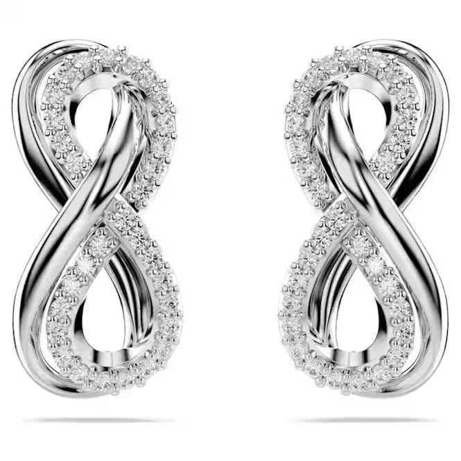 Hyperbola Infinity Stud Earrings with White Crystal in Rhodium Silver - Image 2