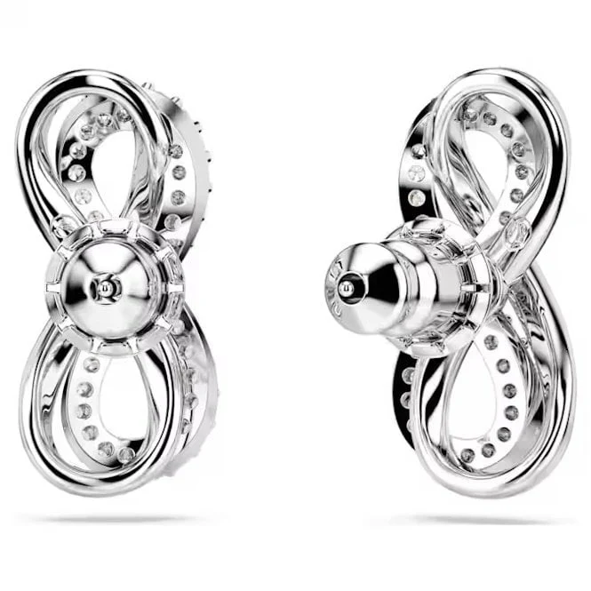Hyperbola Infinity Stud Earrings with White Crystal in Rhodium Silver - Image 3