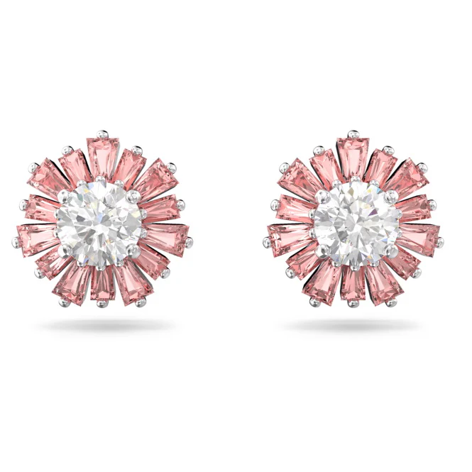 Idyllia Sun Stud Earrings with Mixed-Cut Pink Crystal in Rhodium Silver - Image 2
