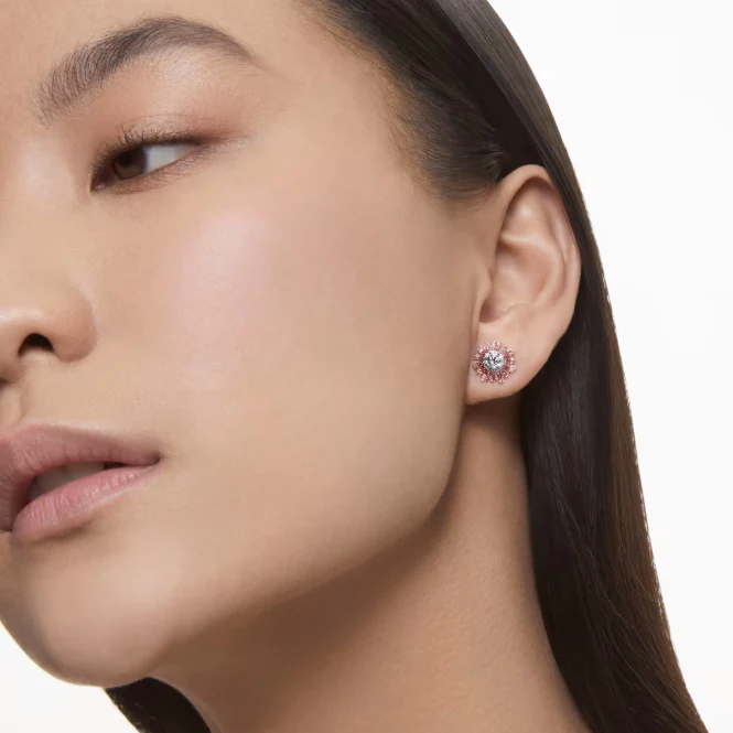 Idyllia Sun Stud Earrings with Mixed-Cut Pink Crystal in Rhodium Silver - Image 3