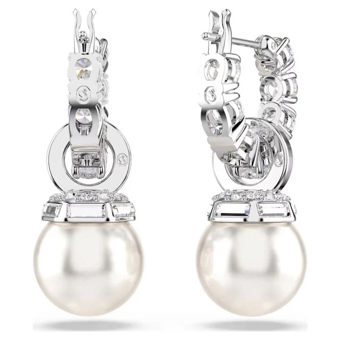 Matrix Drop Earrings with Round-Cut White Crystal & Pearl in Rhodium Silver - Image 2