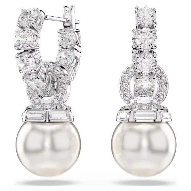Matrix Drop Earrings with Round-Cut White Crystal & Pearl in Rhodium Silver - Image 3
