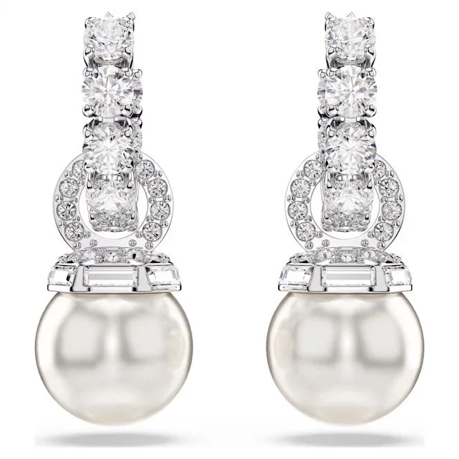Matrix Drop Earrings with Round-Cut White Crystal & Pearl in Rhodium Silver - Image 4