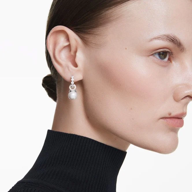 Matrix Drop Earrings with Round-Cut White Crystal & Pearl in Rhodium Silver - Image 5