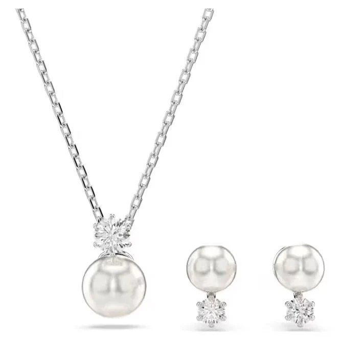 Matrix Necklace & Earrings Pearl Set with Round-Cut White Crystal in Rhodium Silver