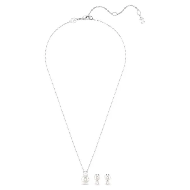 Matrix Necklace & Earrings Pearl Set with Round-Cut White Crystal in Rhodium Silver - Image 2