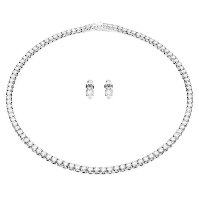 Matrix Necklace & Earrings Tennis Set with Round-Cut White Crystal in Rhodium Silver