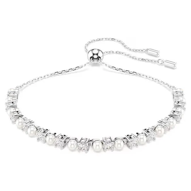 Matrix Pearl Bracelet with Round-Cut White Crystal in Rhodium Silver