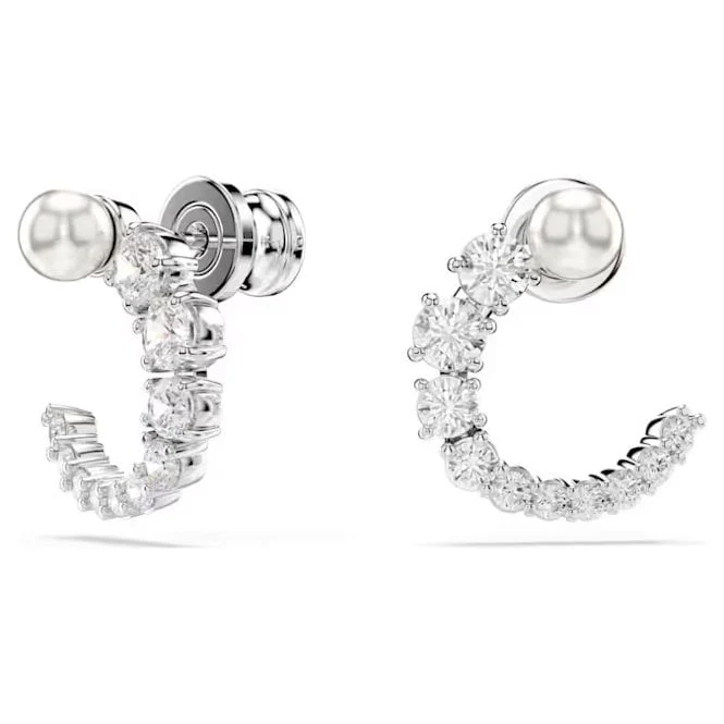 Matrix Pearl Hoop Earrings with Round-Cut White Crystal in Rhodium Silver