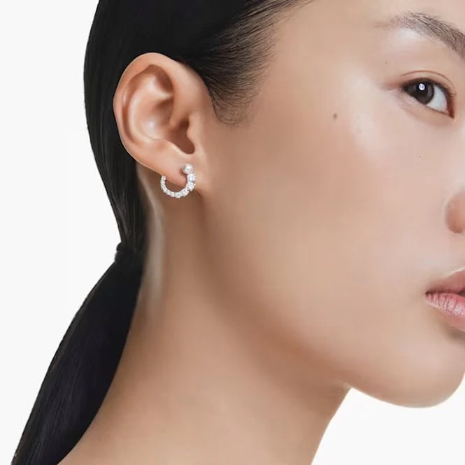 Matrix Pearl Hoop Earrings with Round-Cut White Crystal in Rhodium Silver - Image 4