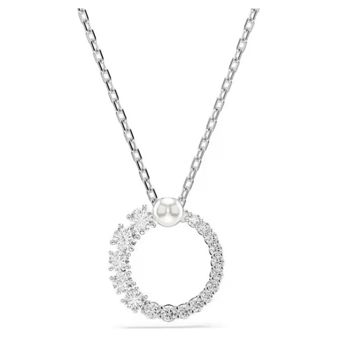 Matrix Pearl Pendant Necklace with Round-Cut White Crystal in Rhodium Silver