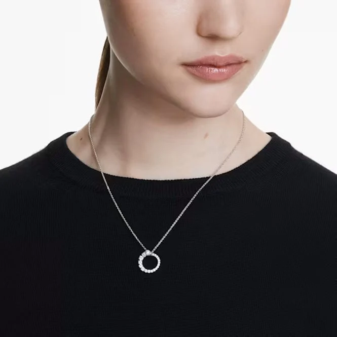 Matrix Pearl Pendant Necklace with Round-Cut White Crystal in Rhodium Silver - Image 4