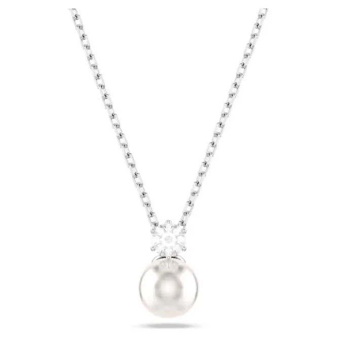 Matrix Pearl Pendant Necklace with Round-Cut White Crystal in Rhodium Silver