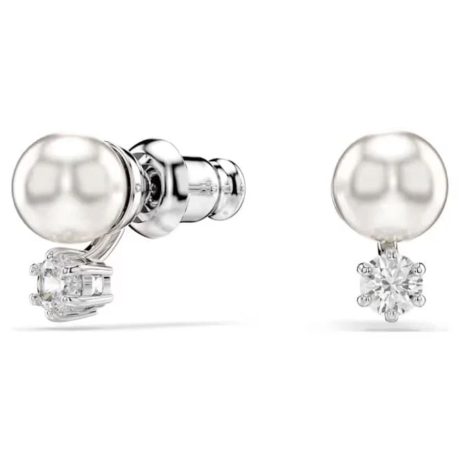 Matrix Pearl Stud Earrings with Round-Cut White Crystal in Rhodium Silver