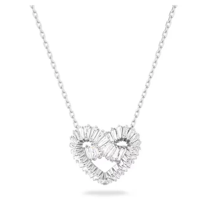 Matrix Pendant Necklace with Mixed-Cut White Crystal Hearts in Rhodium Silver
