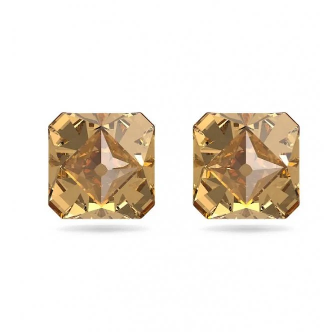 Matrix Stud Earrings with Pyramid-Cut Yellow Crystal in Gold - Image 3