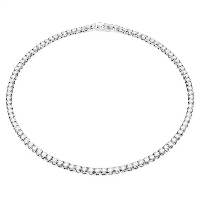 Matrix Tennis Necklace with Round-Cut White Crystal in Rhodium Silver