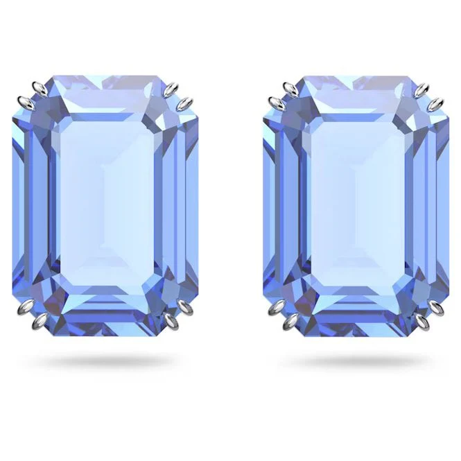 Millenia Stud Earrings with Octagon-Cut Blue Crystals in Rhodium Silver - Image 2
