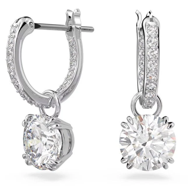 Stilla Drop Earrings with Round-Cut White Crystal in Rhodium Silver