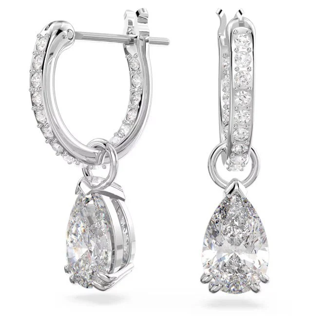 Stilla Hoop Earrings with Pear-Cut White Crystal in Rhodium Silver