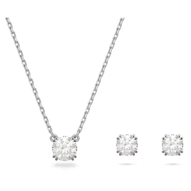 Stilla Necklace & Earrings Set with Round-Cut White Crystal in Rhodium Silver