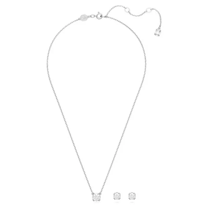 Stilla Necklace & Earrings Set with Round-Cut White Crystal in Rhodium Silver - Image 2