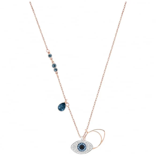 Symbolic Evil Eye Blue Crystal Pendant Necklace in Rhodium Silver