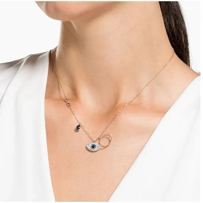 Symbolic Evil Eye Blue Crystal Pendant Necklace in Rhodium Silver - Image 2