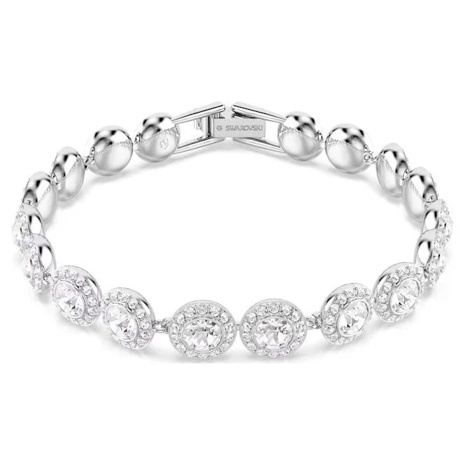 Una Angelic Tennis Bracelet with Round-Cut White Crystal in Rhodium Silver