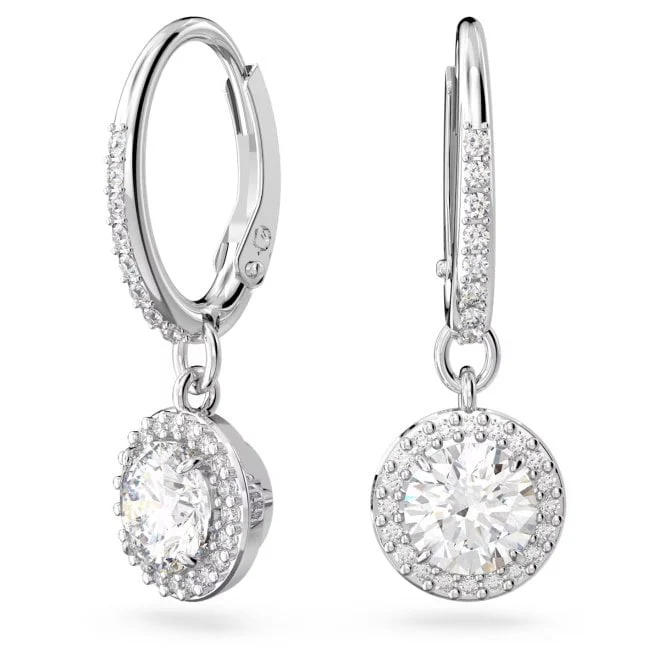 Una Drop Earrings with Round-Cut White Crystal Pave in Rhodium Silver