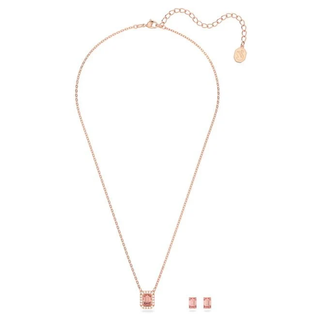 Una Necklace & Earrings Set with Octagon-Cut Pink Crystal in Rose Gold - Image 2